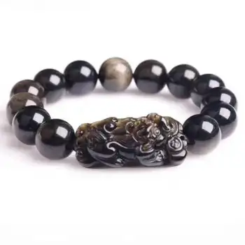 

Koraba Fine Jewelry Fashion Natural Gold Obsidian PiXiu Dragon Gem Beads Powerful Elastic Bracelet Free Shipping
