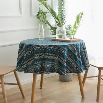 

Bohemian round tablecloth blue geometric print tablecloth Mediterranean style napkin cotton Linen coffee table cloth Home Decor