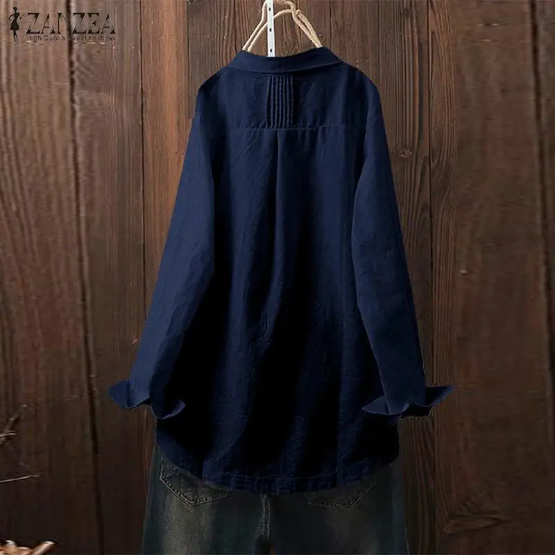  Autumn Vintage Linen Blouse ZANZEA Women Lapel Neck Long Sleeve Tops Femme Robe Buttons Solid Shirt