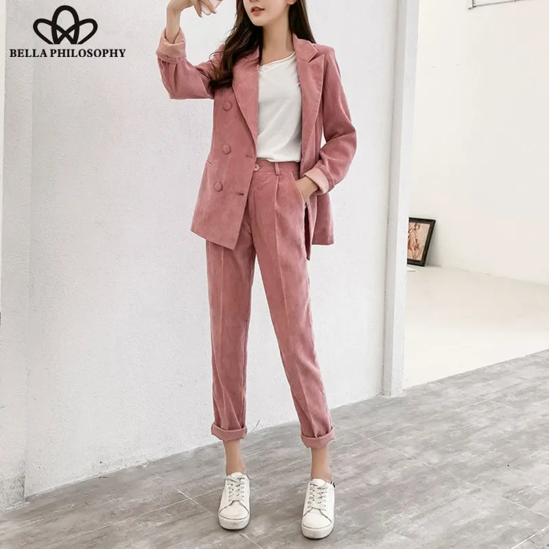 Wonder 2018 new high street double breasted corduroy blazer pants warm jacket office lady long sleeve ladies coat ladies suits