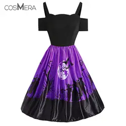 CosMera Для женщин летнее платье Vestido Broadcloth открытыми плечами спинки короткий рукав Хэллоуин трапециевидной формы с принтом в стиле ретро