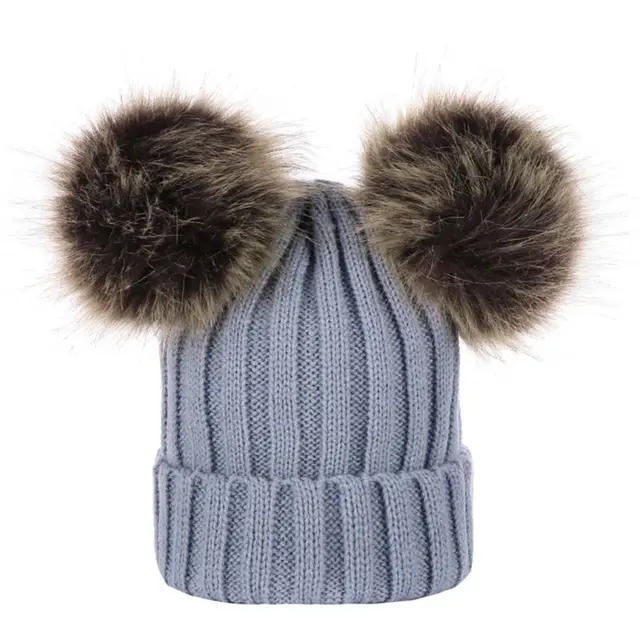 Infant Baby Winter Ribbed Knitted Hat Faux Fur Double Fluffy Pompom ...