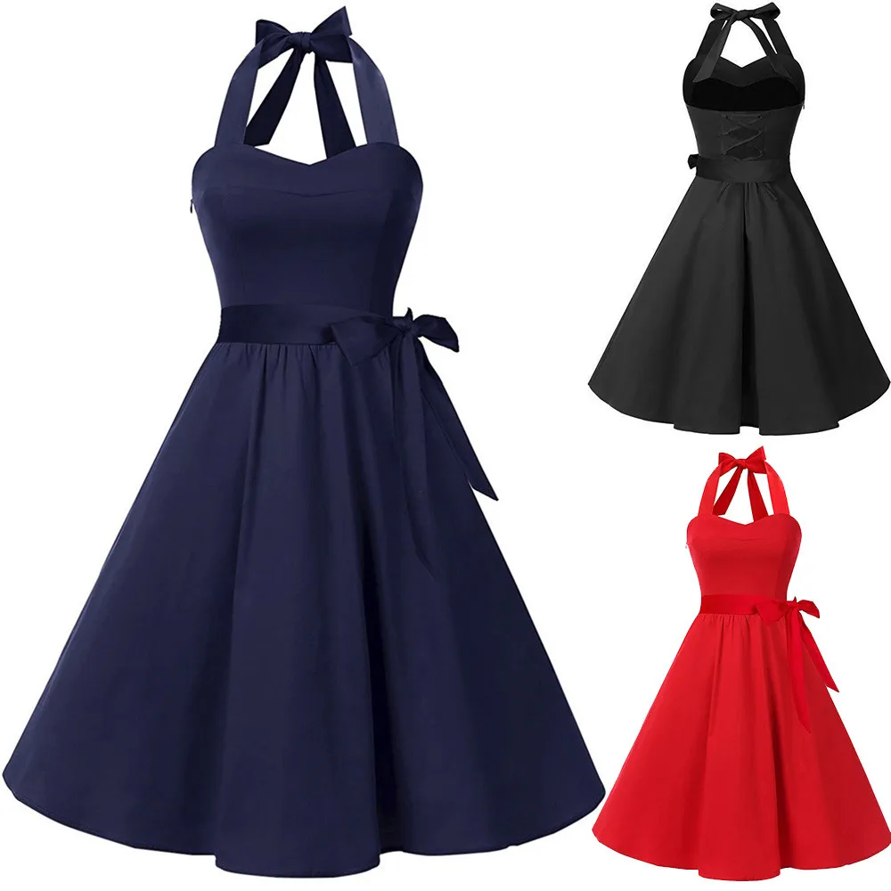 Vestidos mujer, женское платье без рукавов размера плюс 4XL, однотонное, на молнии, Хепберн, винтажное, Свинг, высокая талия, плиссированное платье, темно-синий, красный, черный цвета
