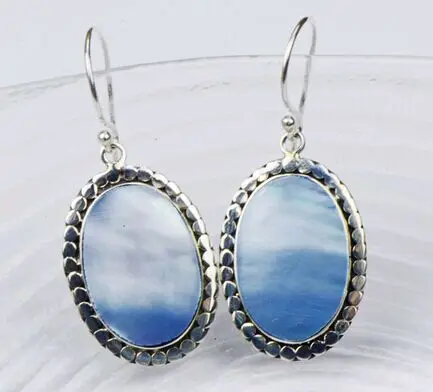 

2015 New Ethnic Elegant Oval Ocean Blue Mother Of Pearl 925 Sterling Silver Dangle Earrings For OL Women Promotion Summer Style