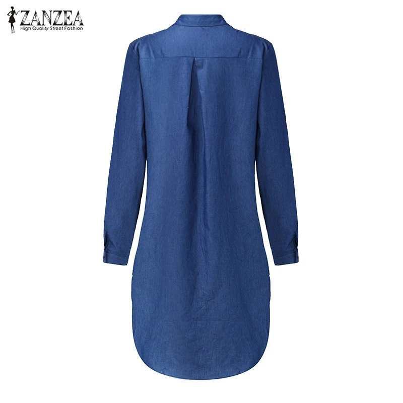 Oversized Dress 2019 Spring Autumn ZANZEA Women Denim Vintage Lapel Long Sleeve Irregular Hem Long Jeans Blouse Shirt Plus Size