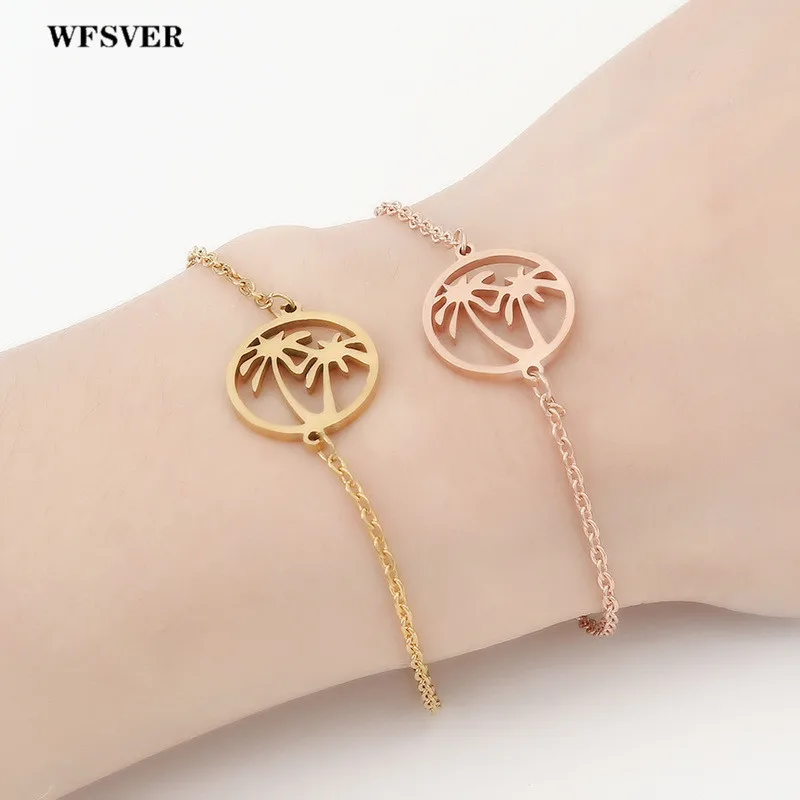 

WFSVER Stainless Steel Bracelet For Women Gold/Silver/Rose Gold Color Coconut Tree Pulseira Feminina Lover's Bracelet Jewelry