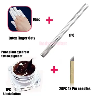 

free shippinEyebrow Permanent Makeup Kit 3D Eyebrow Manual Makeup Pen & 12 Pin Flade Needles Black Coffee and Latex finger cots