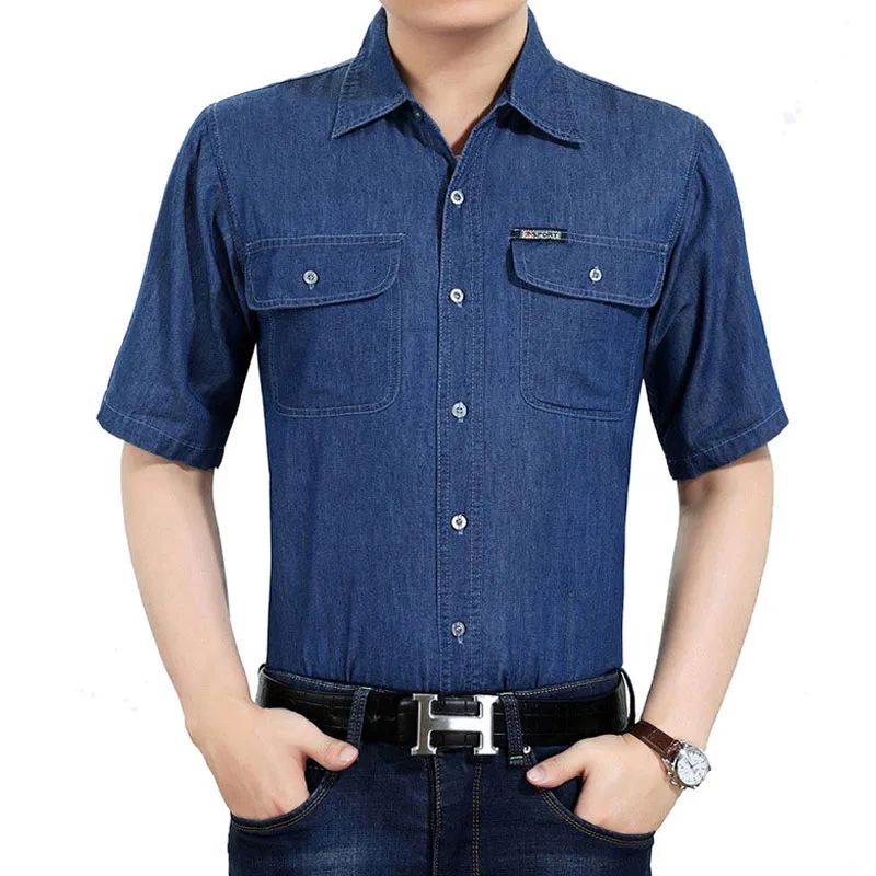 Men's Denim Shirt with Short Sleeves Men Casual Solid Cargo Work Shirt