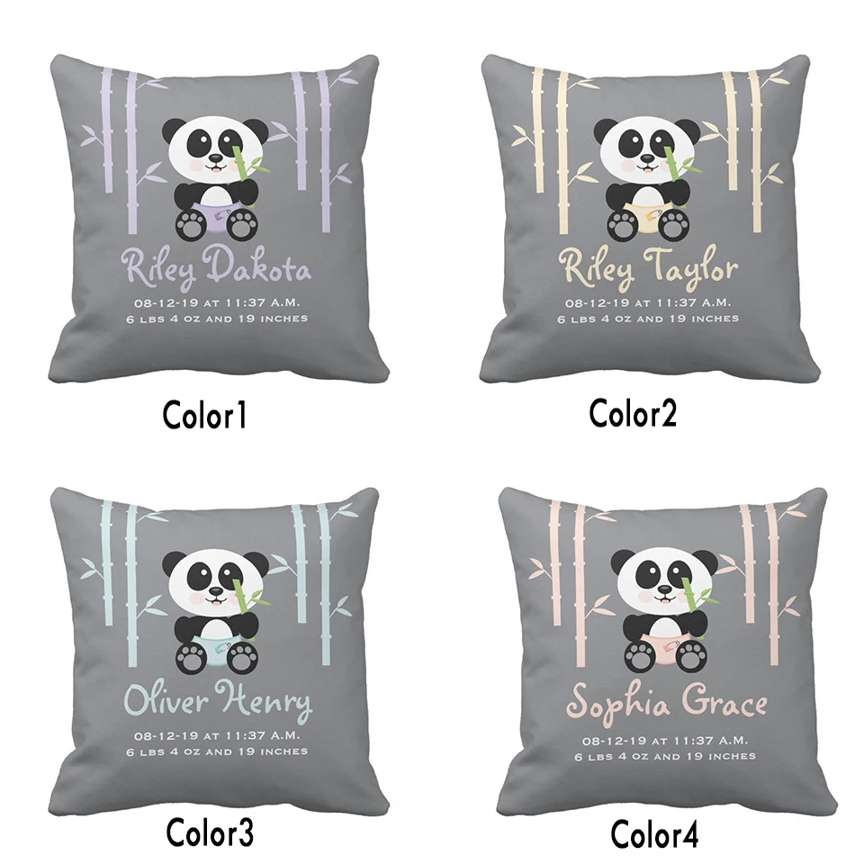 

Custom Baby Birth Stats Cute Bamboo Panda Throw Pillow Cover Decorative Pillow Case Cotton Polyester Baby Nursery Cushion Covers