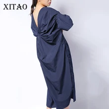 XITAO корейское женское платье средней длины со складками сзади размера плюс, однотонное платье с расклешенными рукавами и v-образным вырезом, женские вечерние платья, летнее новое модное платье HJF019
