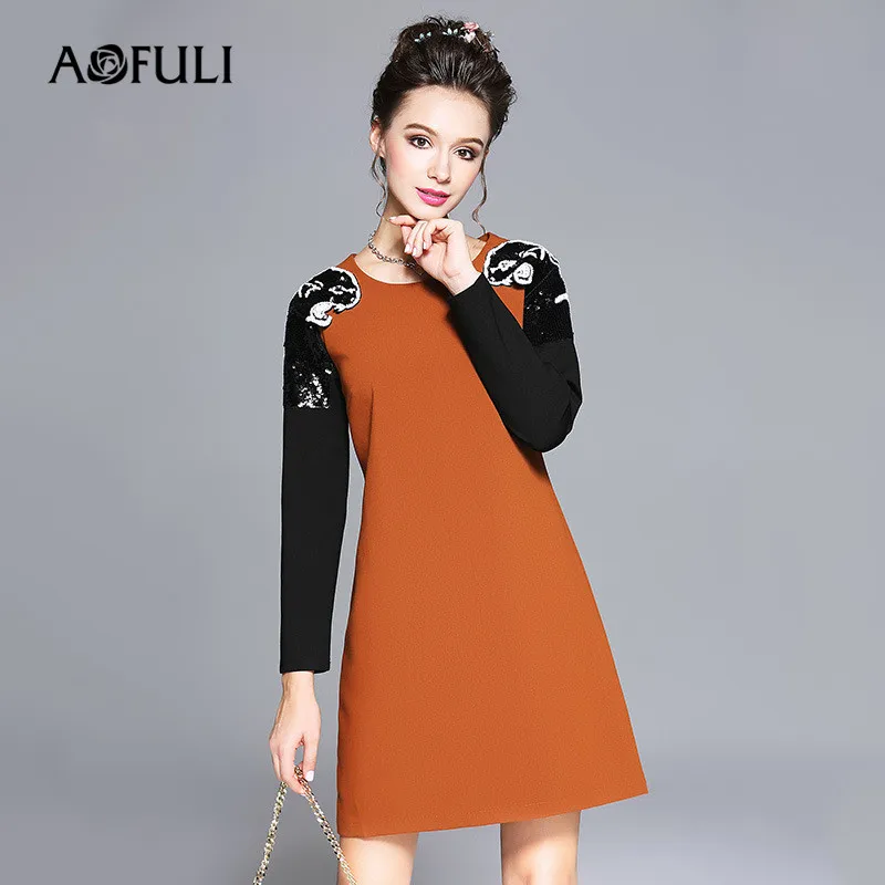 

AOFULI Brand L- XXXXL 5XL Plus size Dress Autumn Winter Women Long sleeve Beading Pattern Office Ladies Work Formal Dresses