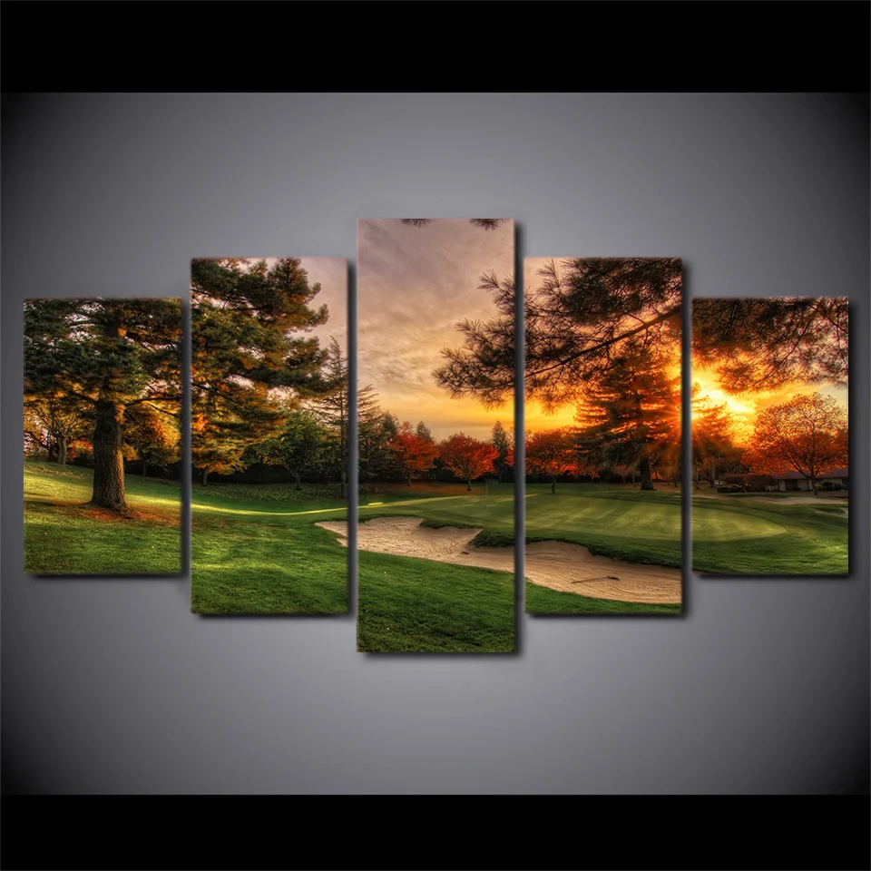Modułowa Zdjęcia Wall Art Canvas Malarstwo Wydruki 5 Sztuk Pole Golfowe Drzewa Sunset Krajobraz Plakat Pokoju Home Decor
