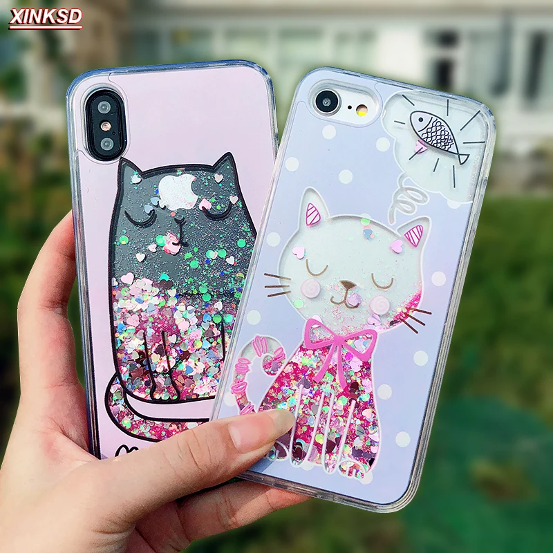 

For iPhone 6 s Case 3D Cartoon Cat Fish Flower Perfume Bottle Quicksand Dynamic Liquid Glitter Case For iPhone X 6 7 8 Plus Case