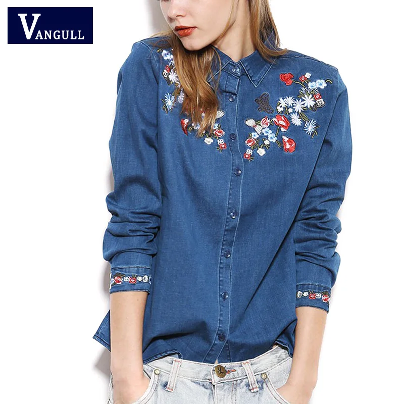 2017 New Style Women Vintage Denim Blouses Embroidery Flowers Pattern ...