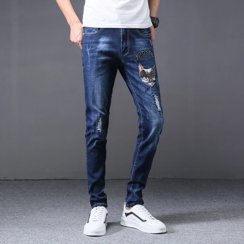 

2019 Fashion Korean casual jeans men brand straight hole ripped distressed blue printed homme denim trousers plus size 29-38