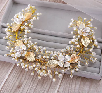 

TREAZY Elegant Bridesmaid Bridal Imitation Pearl Crystal Leaf Flower Headband Gold Color Handmade Women Wedding Hair Accessories