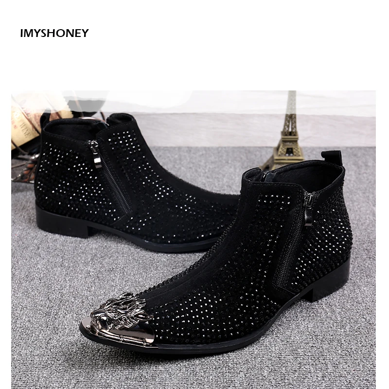 

Genuine Leather Rhinestone Decoration Martin Short Boots Man Han Edition Leisure Short Boots Chelsea Side Zipper Red Black