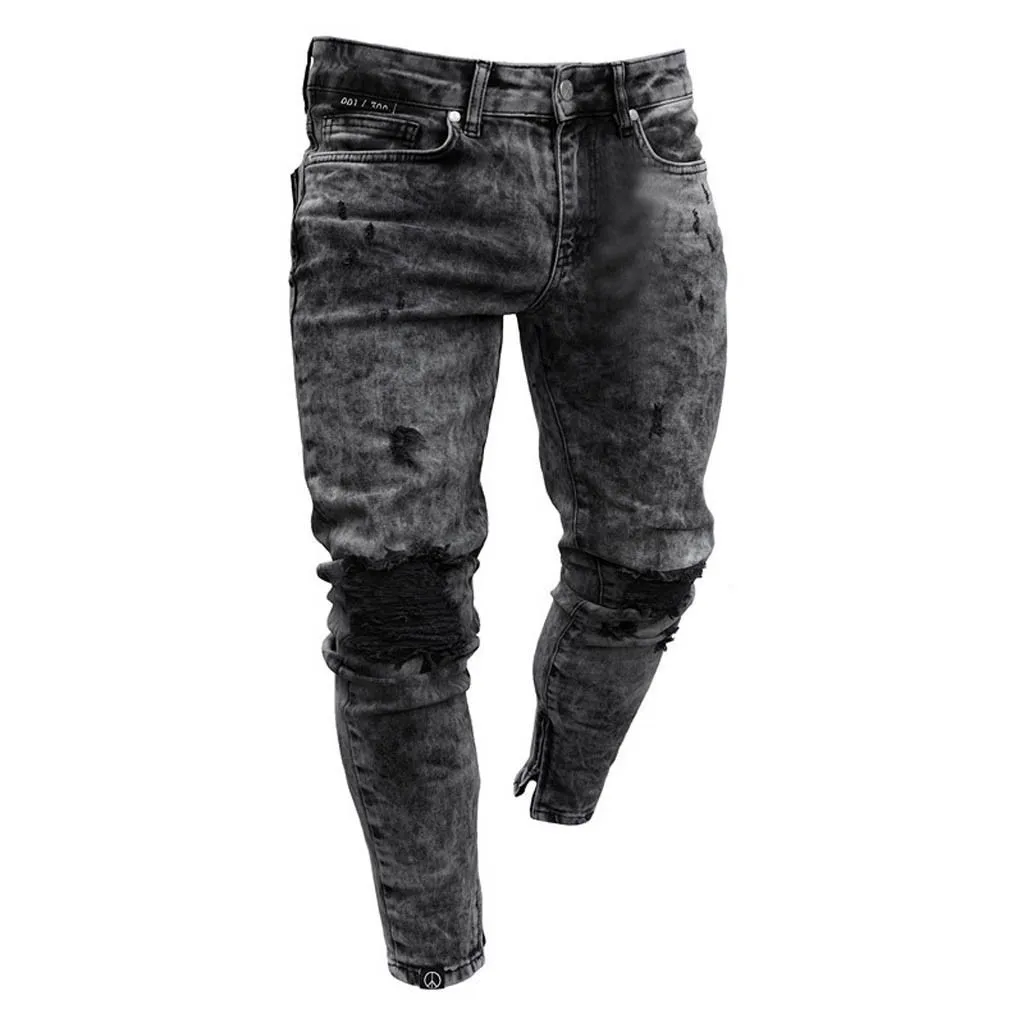 feitong Cotton Jeans Men Spring 2019 MenClothes Denim Pants Distressed Freyed Slim Fit Casual Trousers Stretch Ripped Jeans