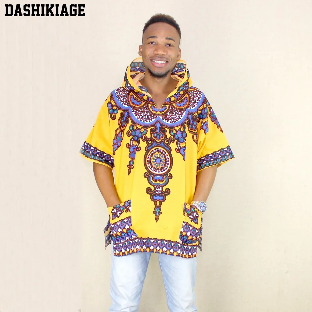 

Dashikiage Yellow Mens Hipster Hip Hop African Dashiki Fabric Elongated longline Hoodie t shirt Hoody