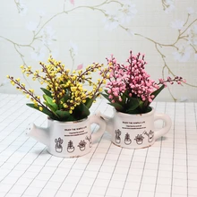 Zinmol искусственные растения, ненастоящие расписанный цветами чайник Форма Бонсай Декоративные цветы Акация бобы Тюльпан для декора стола 4 цвета 1 комплект
