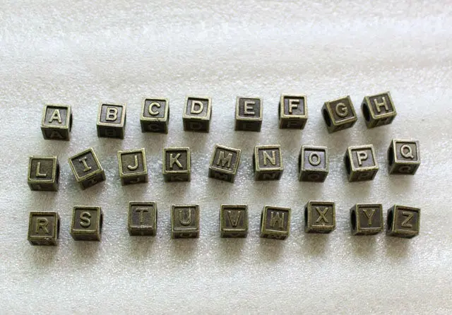 

52PCS Antiqued bronze alphabet letter cube beads w/big hole #23485 FREE SHIPPING