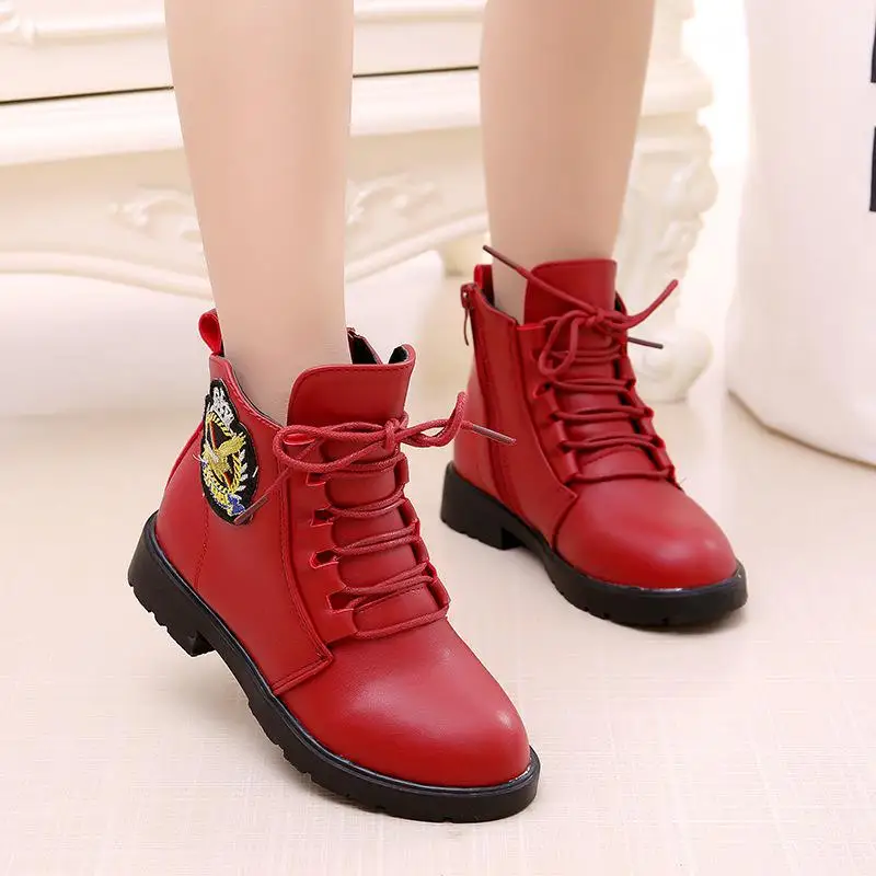 Autumn winter New Girl Martin Boots Shoes For Girls Children Warm Fashion PU Leather Waterproof Boots Kids Snow Boots Boys Shoes - Цвет: Красный