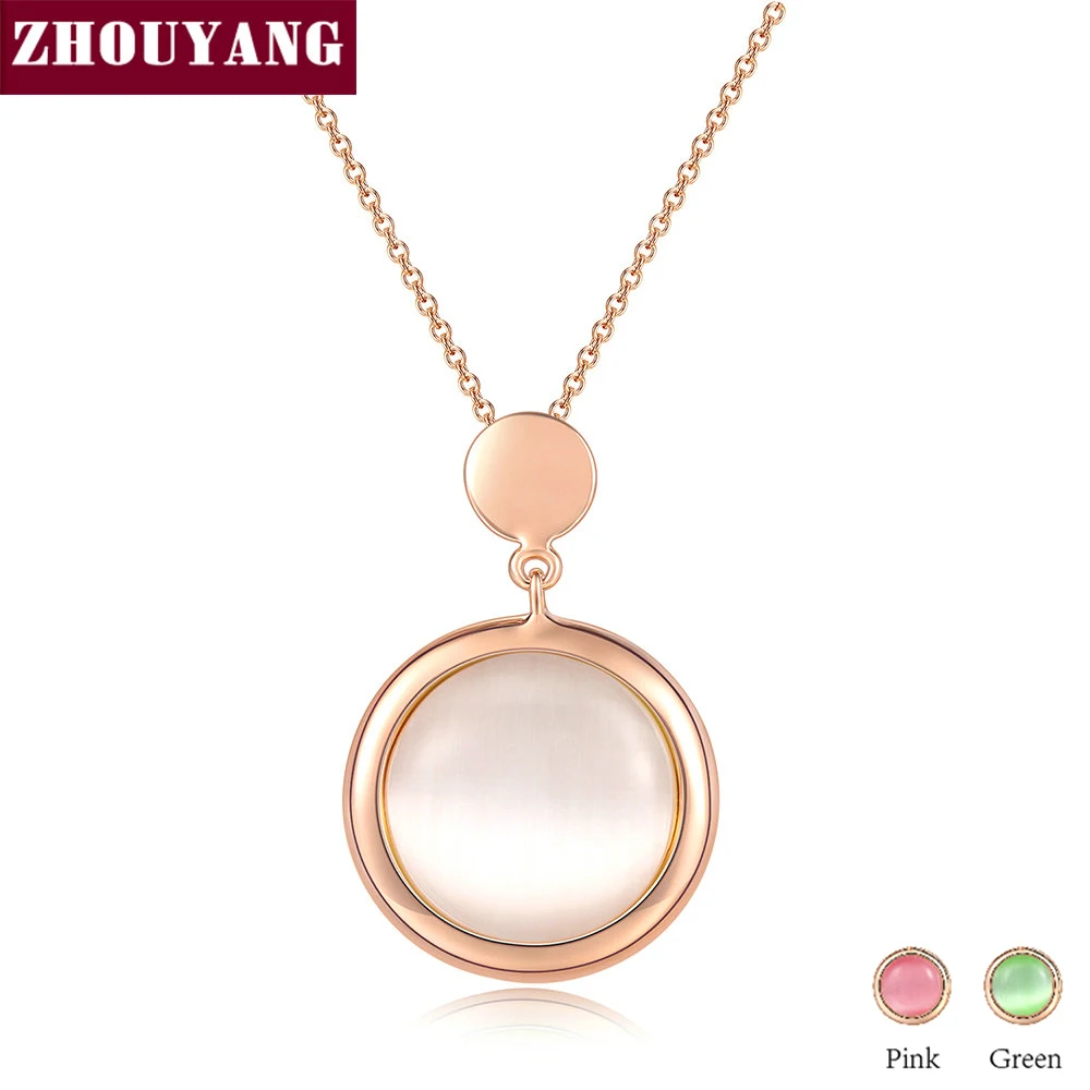 

ZHOUYANG Pendant Necklaces for Women Pink Green Opal Cats Eye Stone Rose Gold Color Wedding Gift Fashion Jewelry N593 N596 N598