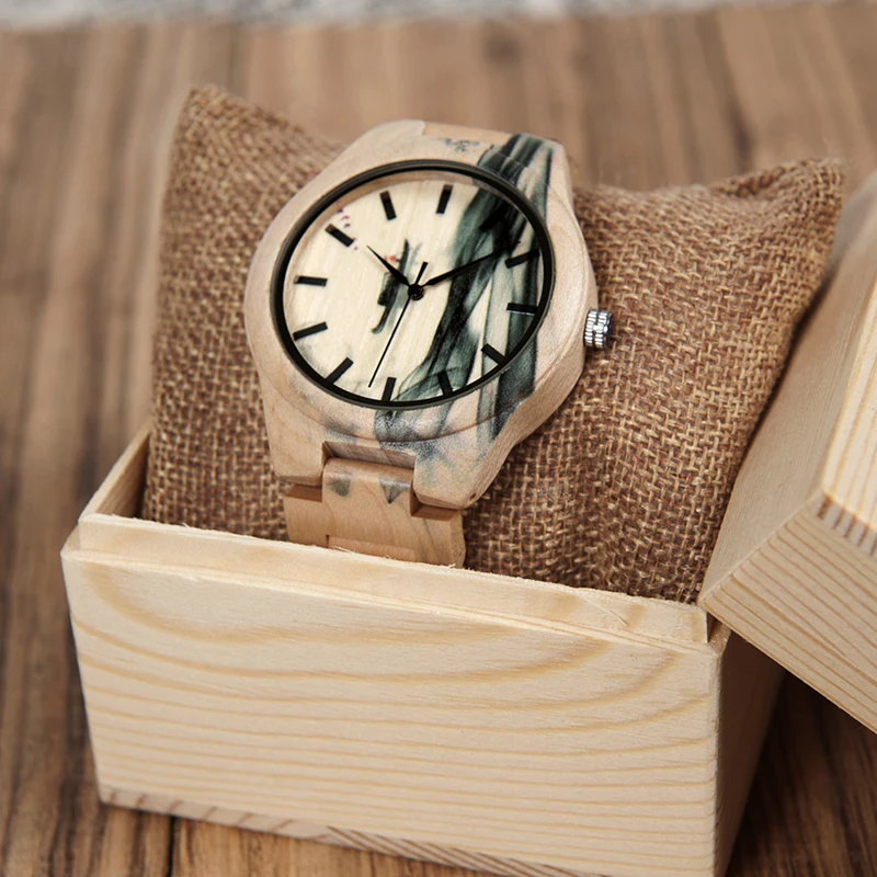 BOBO BIRD Mens Watch Ink Painting Design All Maple Wood Watches for Males in Wooden Gift box