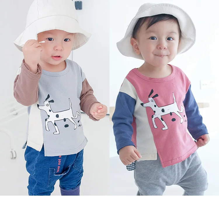 Lemonmiyu/Хлопковые футболки для малышей, топы с круглым вырезом и изображением щенка, стильные футболки с длинными рукавами, мягкий свитер с разрезом сбоку