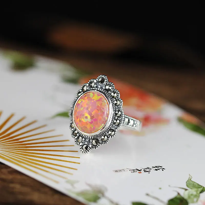

5.6g 11.5x9.5mm Love engagement Ring Geometric 925 sterling Thai silver Jewelry Gift Viking Synthesis Opal Crown Womens Rings