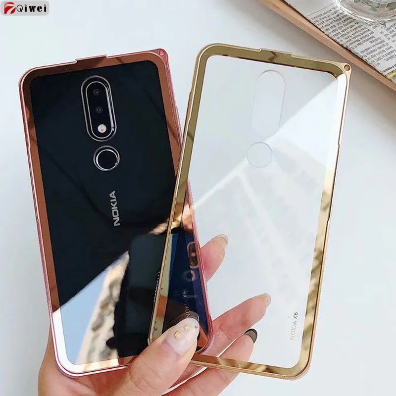 

For NOKIA X6 Case Gold Plating Aluminum Frame Bumper Transparent Acrylic Back Cover For Nokia 6.1 Plus Phone Case Coque 5.8"