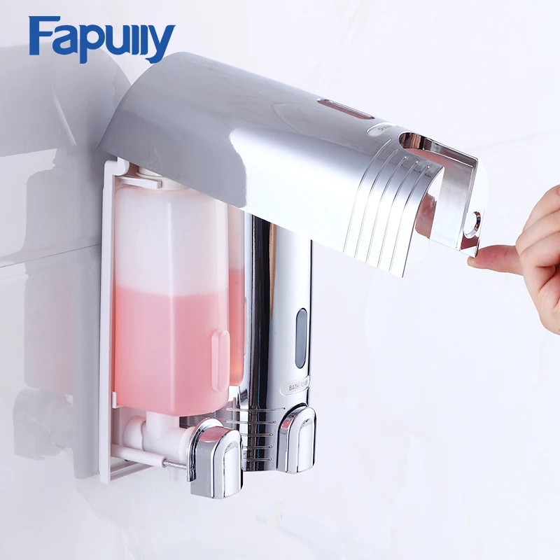 Fapully Silver Hospital Hotel Bathroom Soap Dispenser Set Wall Mounted Shampoo Shower Single Double Soap Dispenser P113-02C