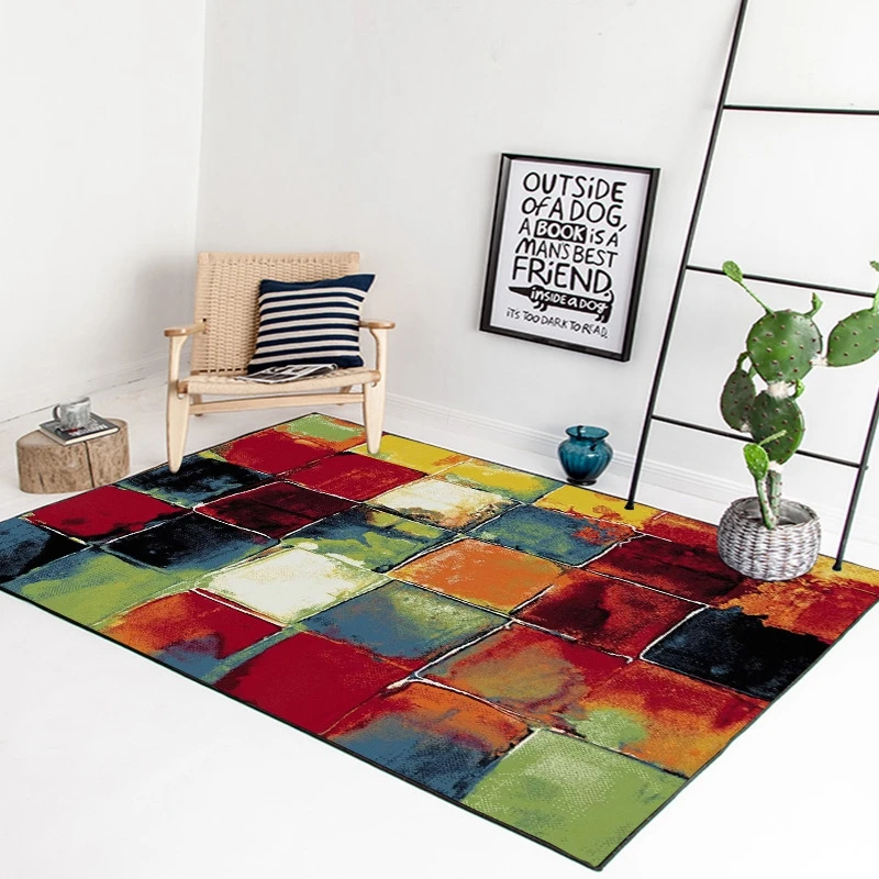 

Fashion Nordic Abstract Colorful Geometric Oil Painting Green Red Black Pattern Carpets Living Room Bedroom Non-Slip Floor Mats