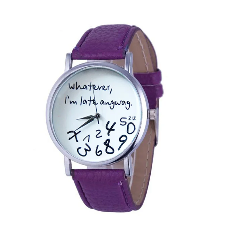 Relojes Mujer,, горячая Распродажа, женские часы с кожаным браслетом, часы с надписью «What I am Late Anyway», кварцевые наручные часы montres - Цвет: Purple