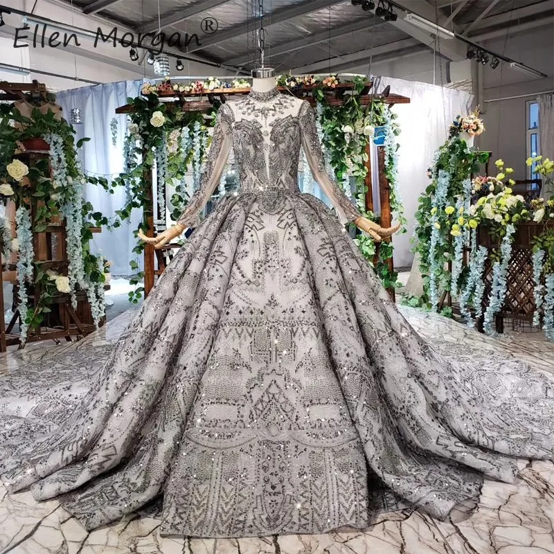 

Glitter Gray Evening Dresses Ball Gowns Long Sleeves Luxury High Neck Backless Sequins Lace Elegant Event Party for Women 2019