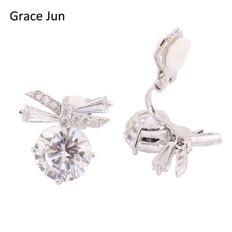 

Grace Jun(TM) New Design Copper Material Clip on Earring No Pierced AAA Cubic Zircon Bowknot Earring No Ear Hole Hot Sale Bijoux