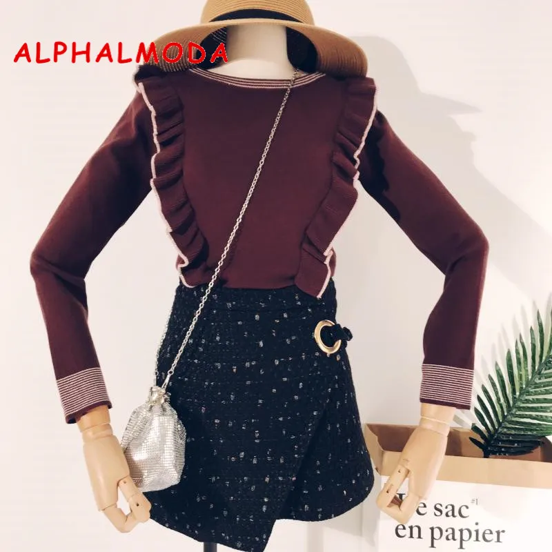 ALPHALMODA Sweet Ruffled Jumpers Knitted Striped Sweater Preppy Pullovers Winter Clothes Women Pull Femme Slim Fit | Женская одежда