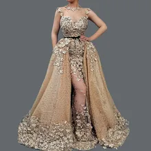 Кружевное вечернее платье цвета шампанского с длинным рукавом, платье русалки со шлейфом и жемчугом, 3d цветы, саудовская Арабская Женская официальная вечерняя одежда