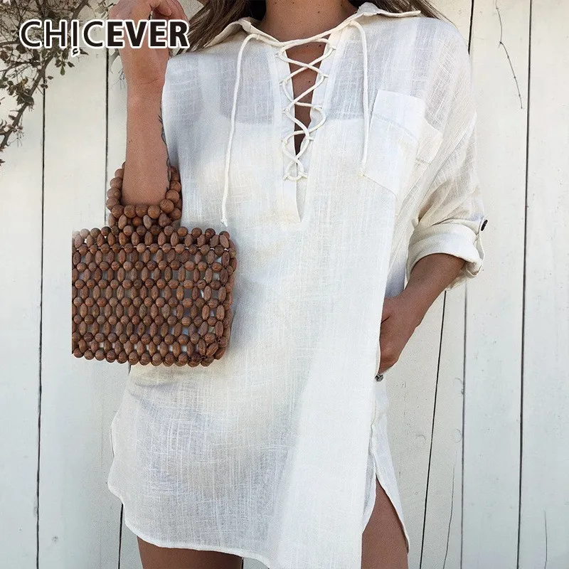 

CHICEVER Summer Casual Linen White Women's Blouse Lapel Bandage Long Sleeve Pockets Plus Size Pullover Female Shirt 2019 Fashion