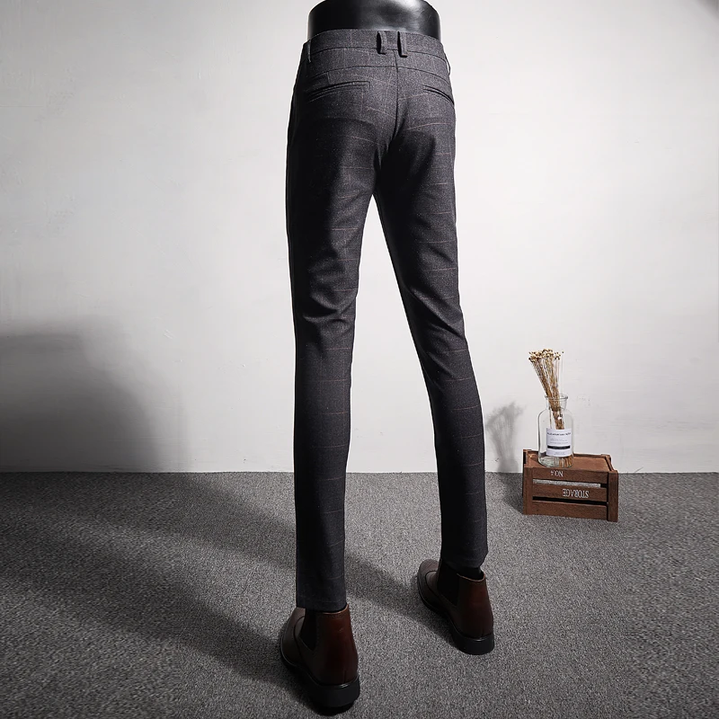 Asia size Men Pant Grey & Blue Pants Men Slim Design Business Casual Mens Trousers Striped lattice 28 29 30 31 32 33 34 36
