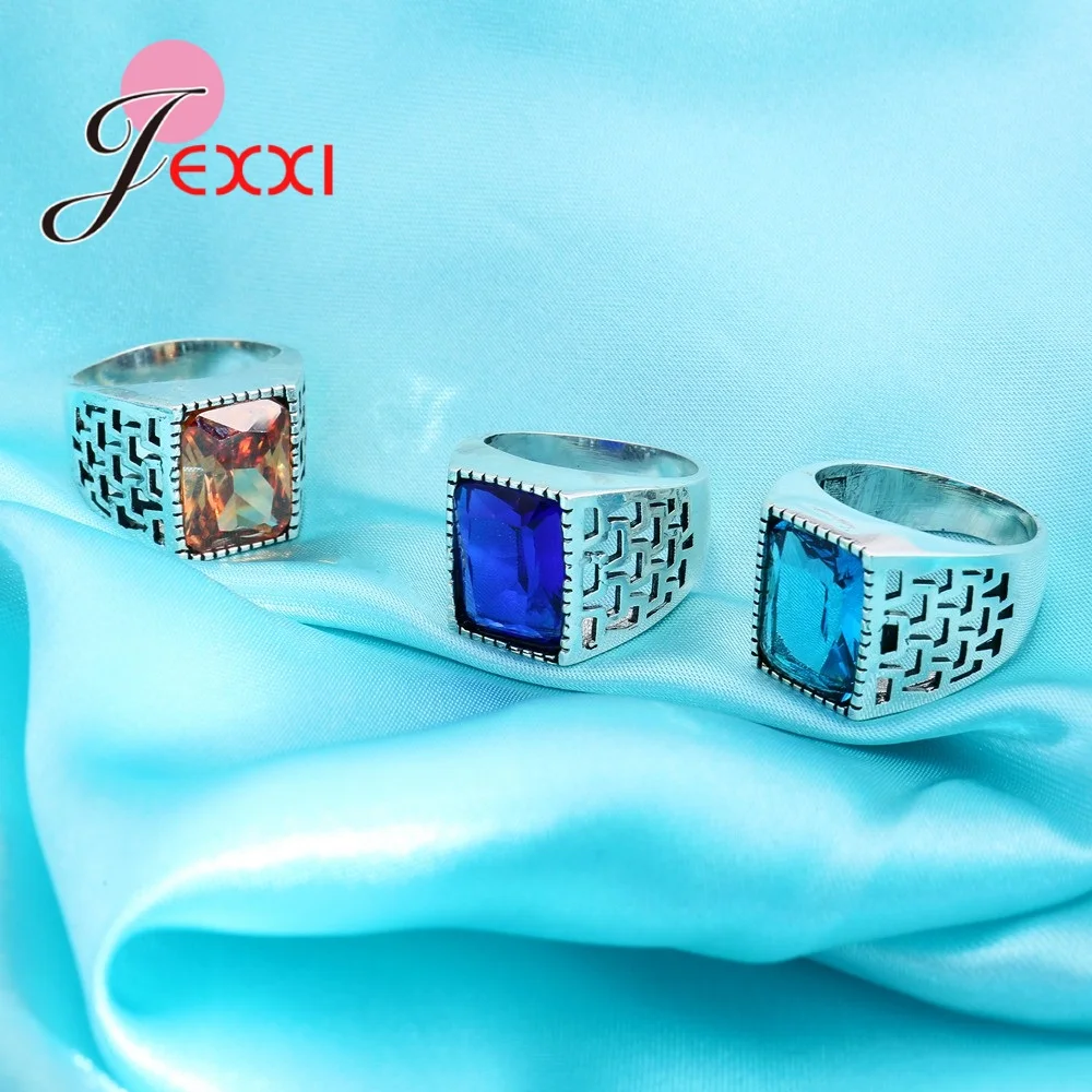 JEXXI Real 925 Silver Rings For Men Luxury Champagne CZ Stone Engagement Rings Cubic Zirconia Wedding Rings Men Jewelry Bijoux