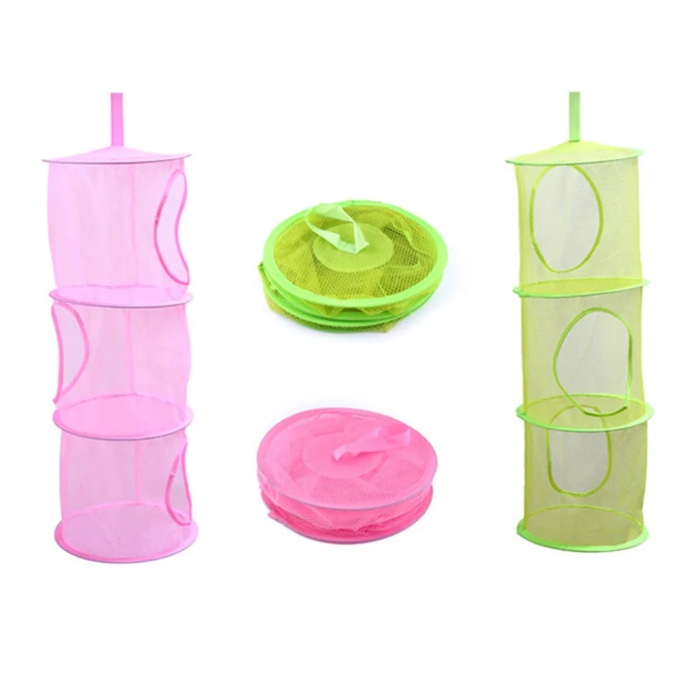 

3 Layers Folding Color mesh Hanging Basket Multilayer Cylindrical Storage Organizer Children's Toys Hanging Mesh Storage