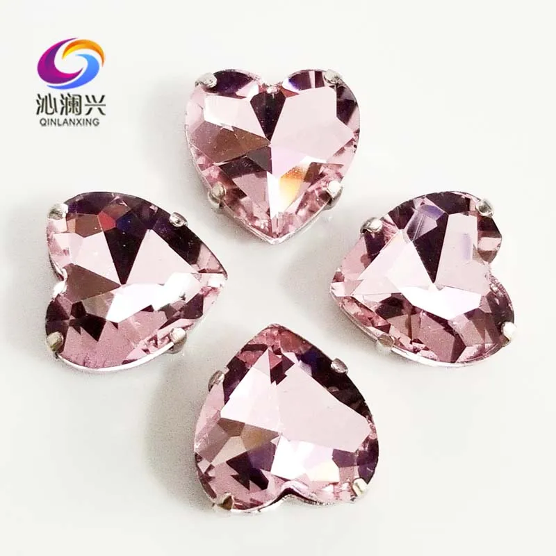 

Pink heart shape top quality Glass Crystal claw rhinestones,sew on stone with holes for Diy Clothing accessories SWH10