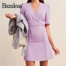 Bazaleas Франция фиолетовое мини Анисовое платье в горошек модное женское платье с завязками сбоку винтажное платье с запахом Прямая поставка