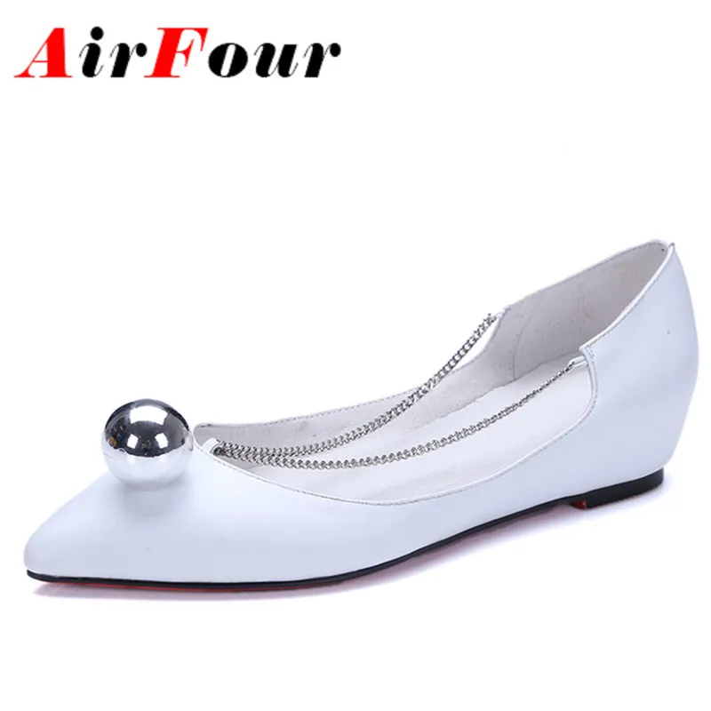 ФОТО Airfour New  Spring Summer Casual Flats Ladies Black White Shoes Sexy Pointed Toe Chain Flat Shoes Women White Shoes Woman
