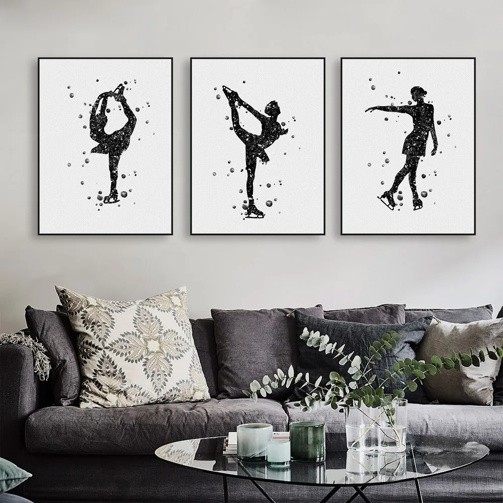 Modern Watercolor Skating Art Print Poster Abstract Winter Sports Girl Wall Picture Big Canvas Painting Living Room Home Deco