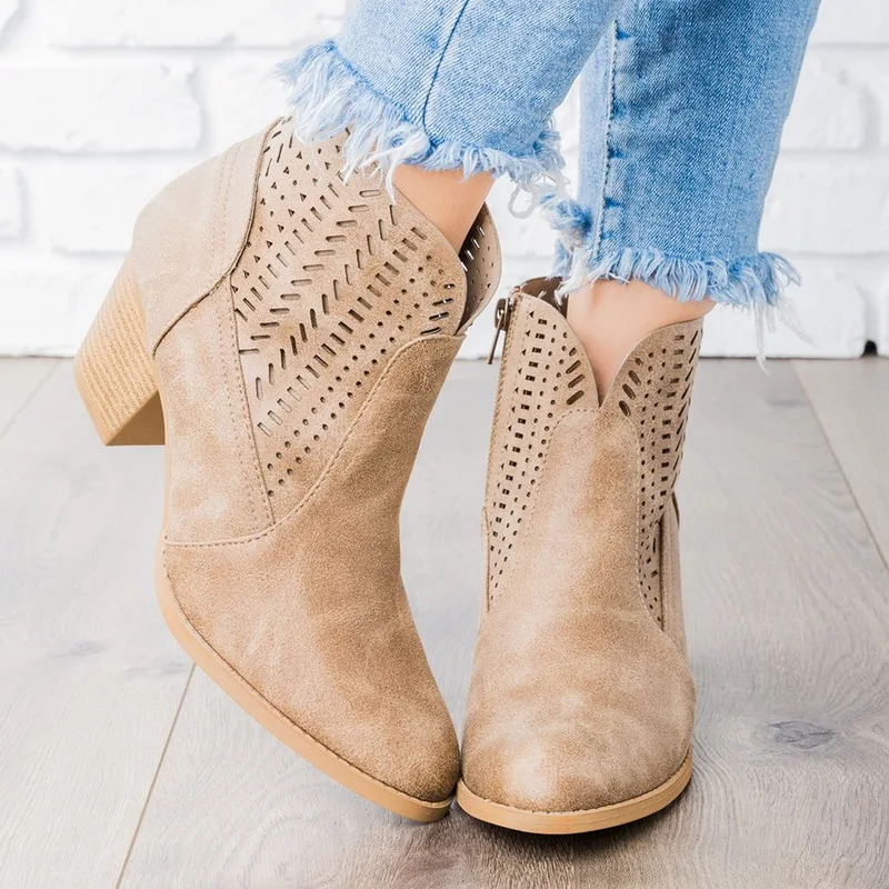 

MoneRffi Spring Women's Fashion Sandals Summer Flock Square Heel Basic Casual Solid Color Buckle Roman Pumps Zipper Ankle Boots