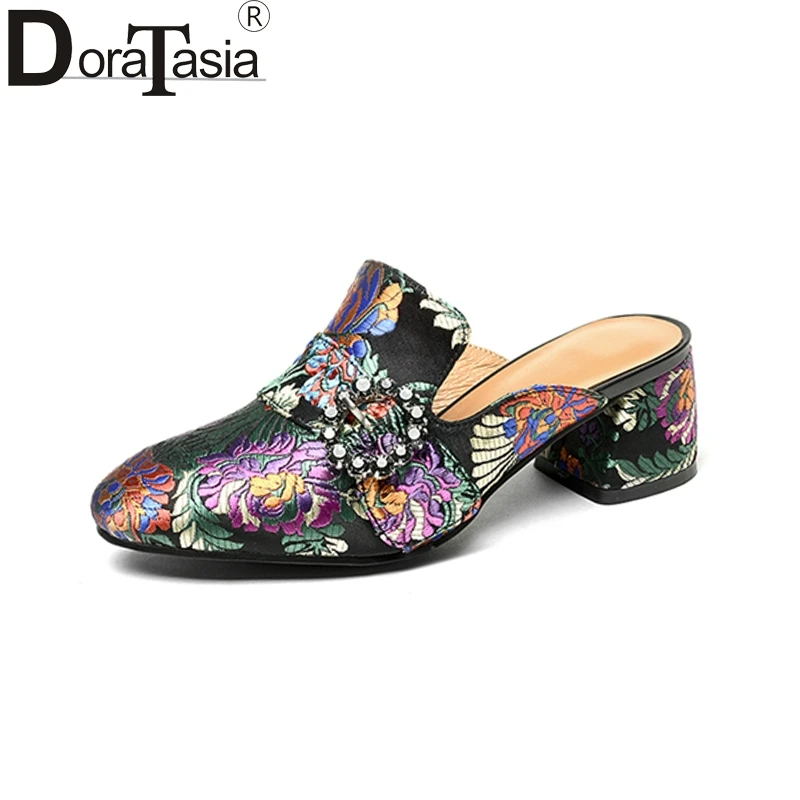 

DoraTasia New Brand Design Ethnic Style Square High Heels Embroider Flower Shoes Woman Casual Summer Pumps Big Size 33-43