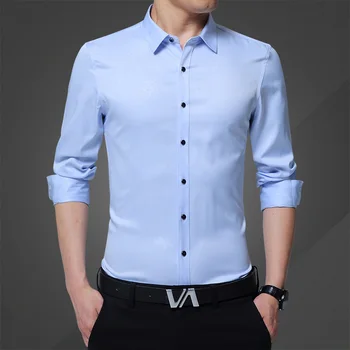 

Autumn Men Shirt Long Sleeve Breathable Solid Color Mens Dress Shirts Slim Fit Comfortable White Blue Business Dress Shirt