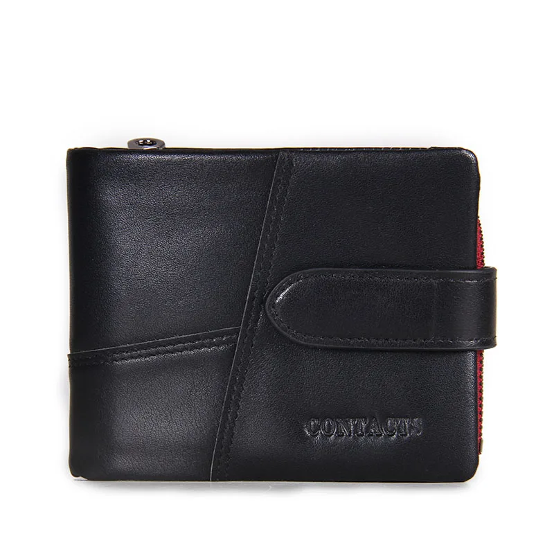CONTACT'S Классический кошелек органайзер из натуральной кожи маленький кошелек с карманом на молнии дизайн засов - Цвет: black